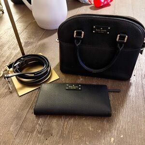 Kate Spade Black Leather Satchel Crossbody Bag + Matching Wallet Set